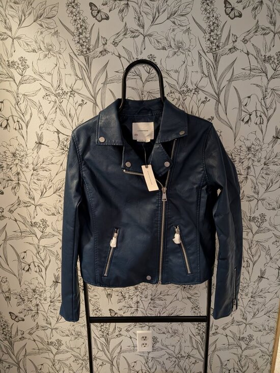 Anthropologie Jackets & Blazers - Anthropologie Navy Blue Faux Leather Moto Jacket NWT Size M